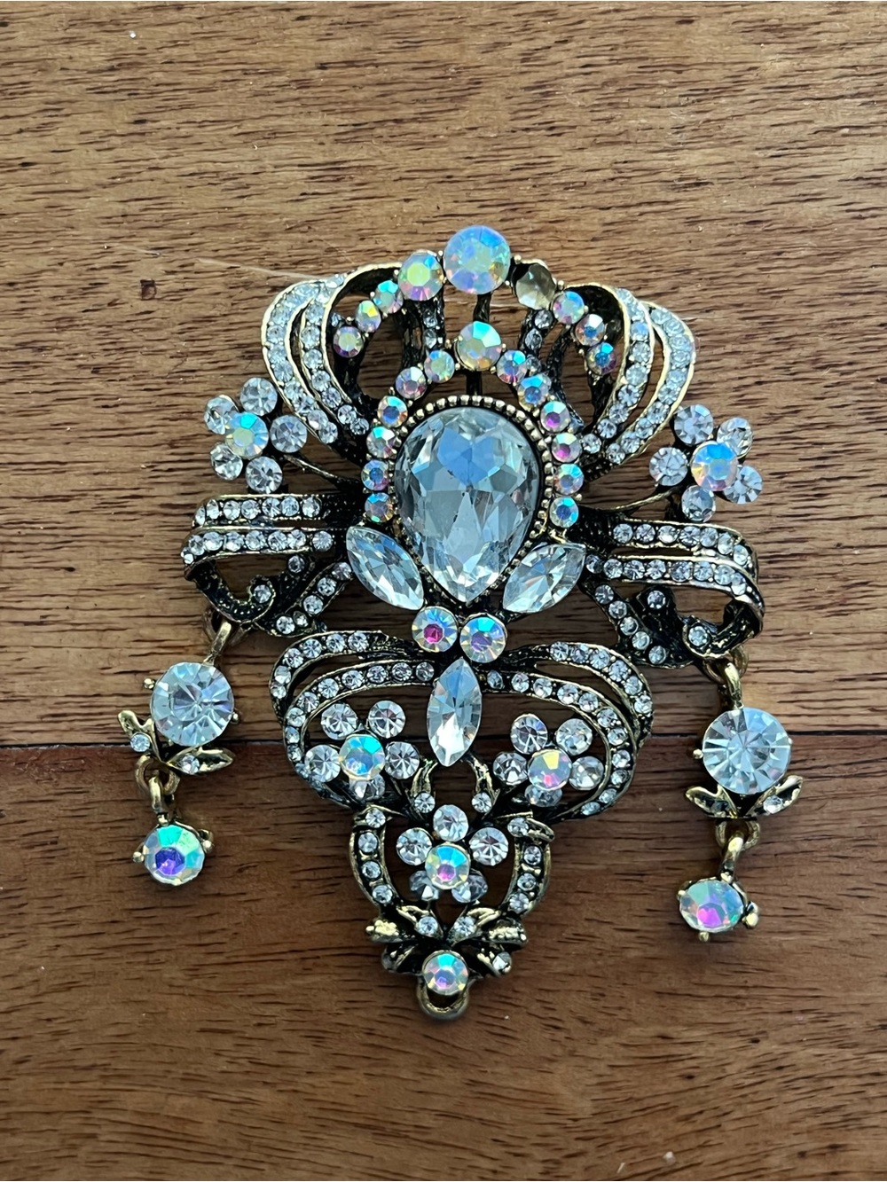 Vintage Style Aurora Crystal Drop Statement crystal pendant antique gold tone
